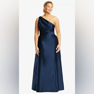 NWT Draped One-Shoulder Satin Maxi Dress with Pockets in Midnight Navy